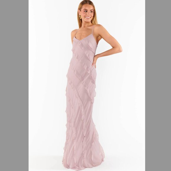 Show Me Your MuMu Dresses & Skirts - Show Me Your MuMu Romance Ruffle Dress in Neutral Mauve Chiffon - XS